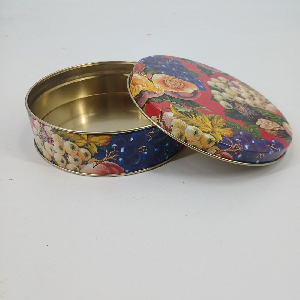 Vintage Floral Fruit Round Metal Tin Container Decorative Trinket Storage Box 8"